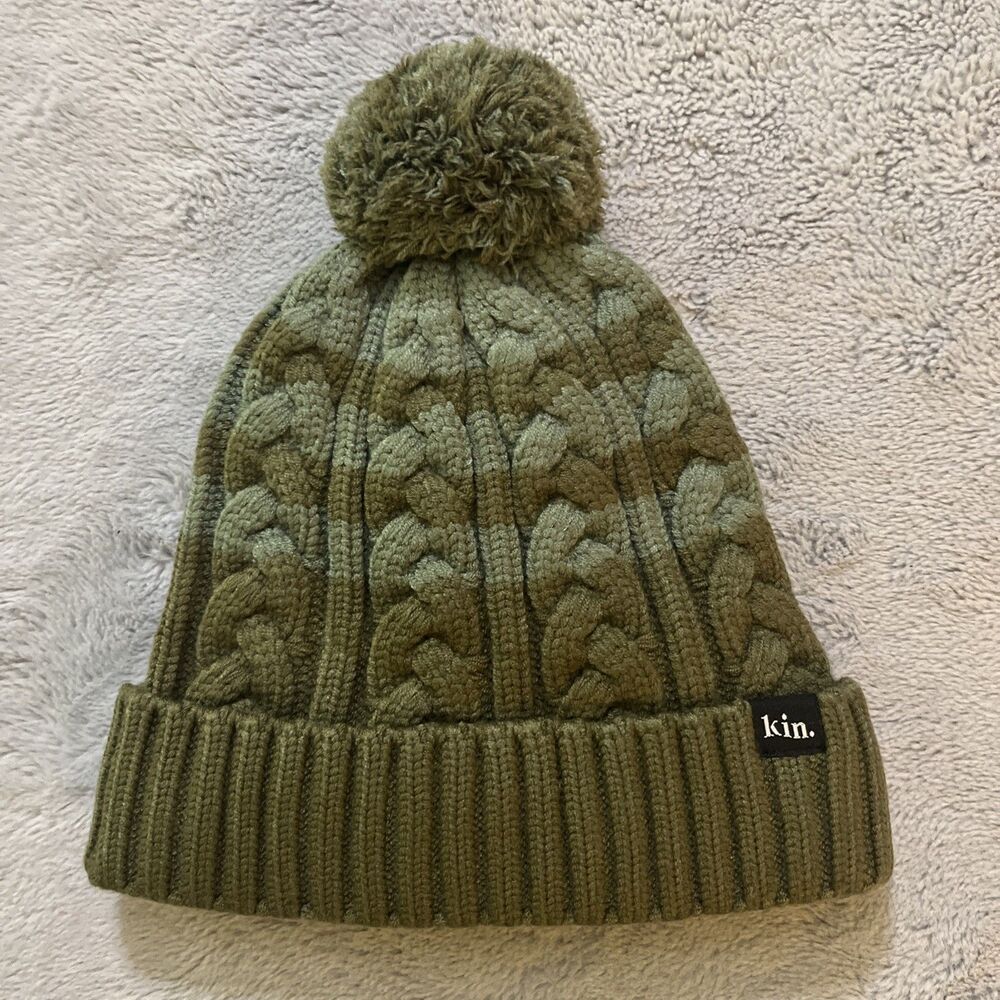 KIN Apparel Green Stripes Satin Lined Pom Pom Beanie